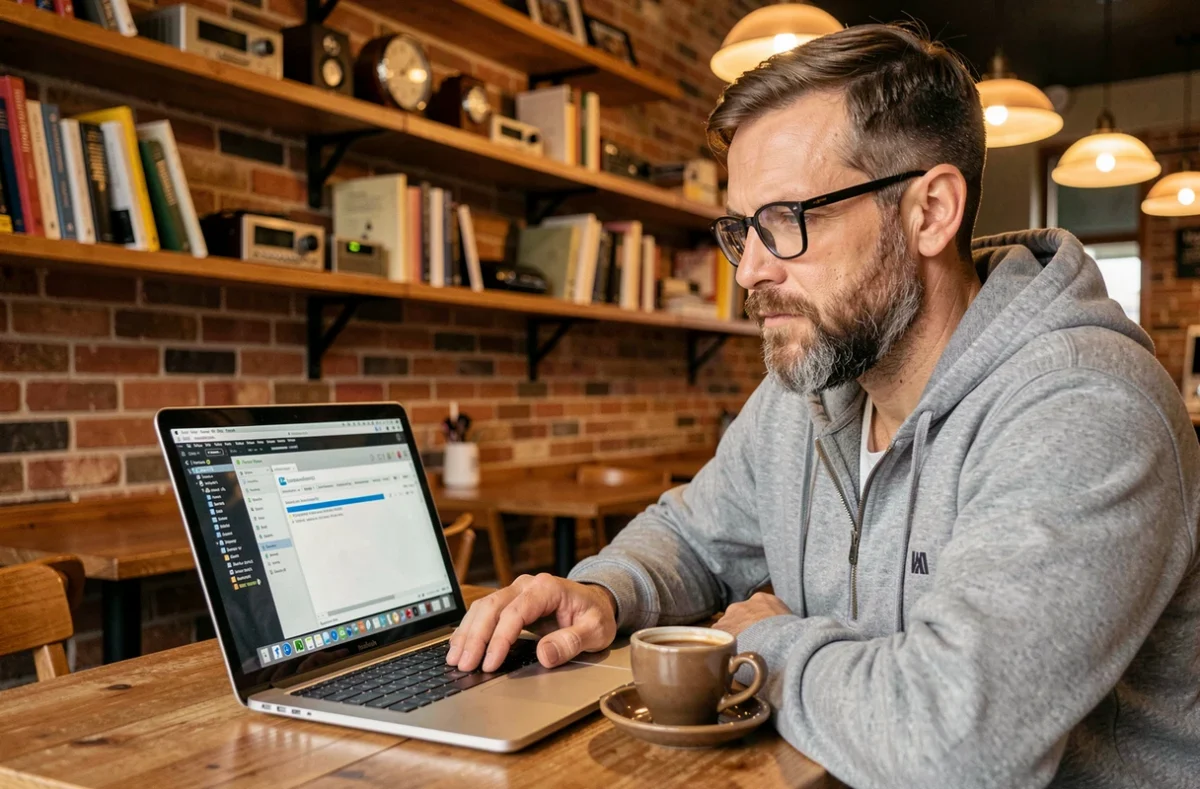 Homme barbu avec lunettes testant la sécurité d'un site web via un outil de scan de vulnérabilités dans un café indépendant