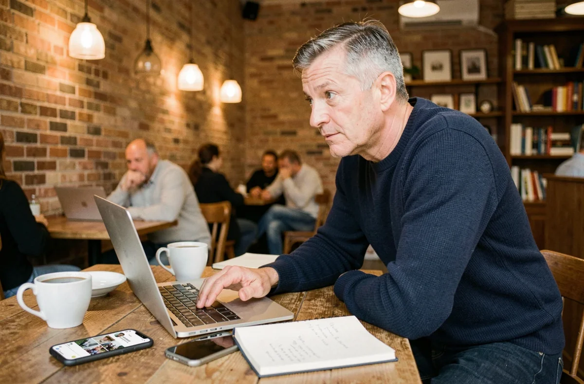 Homme d'affaires consultant les dernières actualités numériques sur son ordinateur portable dans un café urbain