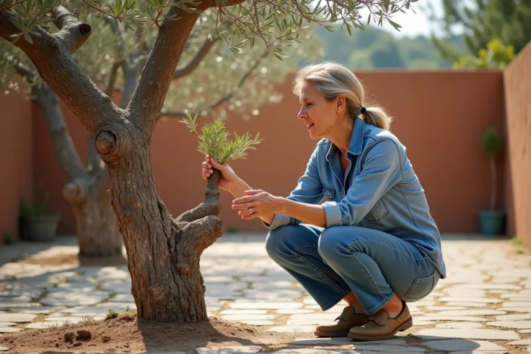 Femme inspectant branches d un vieux olivier en extérieur