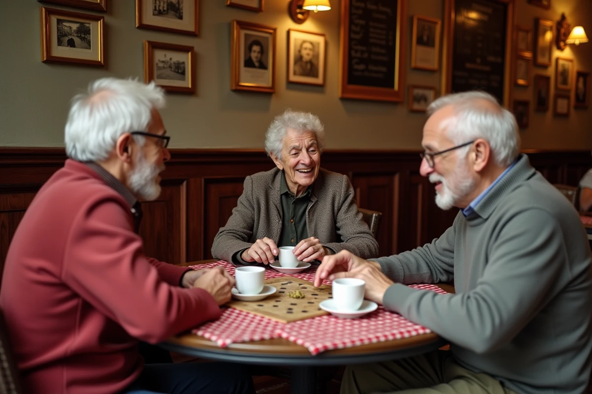 Seniors jouant à un jeu de société dans un bouchon lyonnais lors d'une activité sociale organisée par Quintonic Lyon