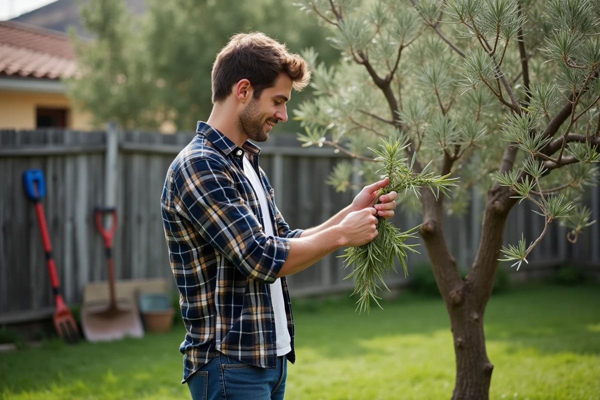 Jeune homme vérifiant branche d un olivier en jardin
