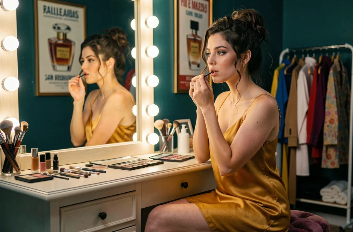 Jeune femme appliquant du mascara devant un miroir Hollywood entouré de bulbes lumineux, maquillage et conseils beauté du quotidien