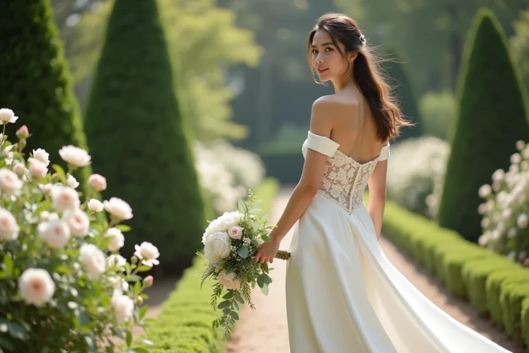 Mariée en robe de satin ivoire tenant un bouquet de pivoines dans un jardin botanique fleuri
