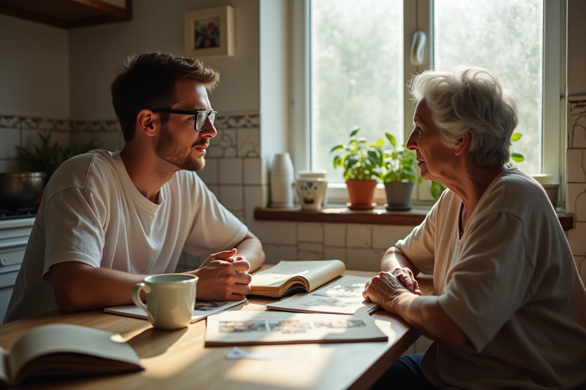 Un homme et une femme plus âgée assis ensemble à une table de cuisine, consultant des albums de famille et des documents personnels, symbolisant la transmission de l'histoire familiale et la vie privée