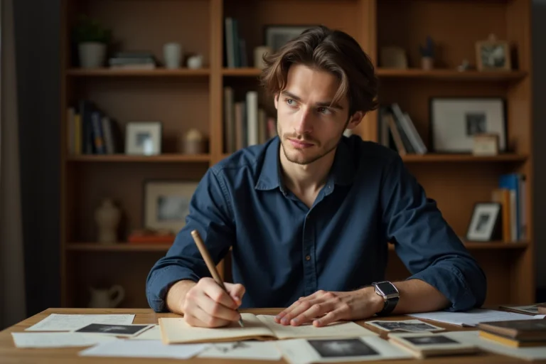 Jeune homme adulte assis à un bureau en bois, entouré de documents personnels et de photographies, explorant son identité et ses origines dans un bureau à domicile intimiste