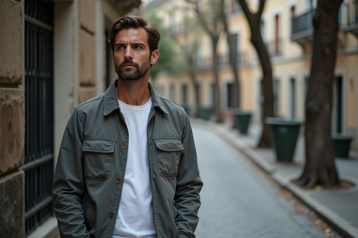 Homme adulte dans une rue européenne au caractère historique, adoptant une posture réflexive entouré d'une architecture ancienne, illustrant la quête identitaire et les origines personnelles