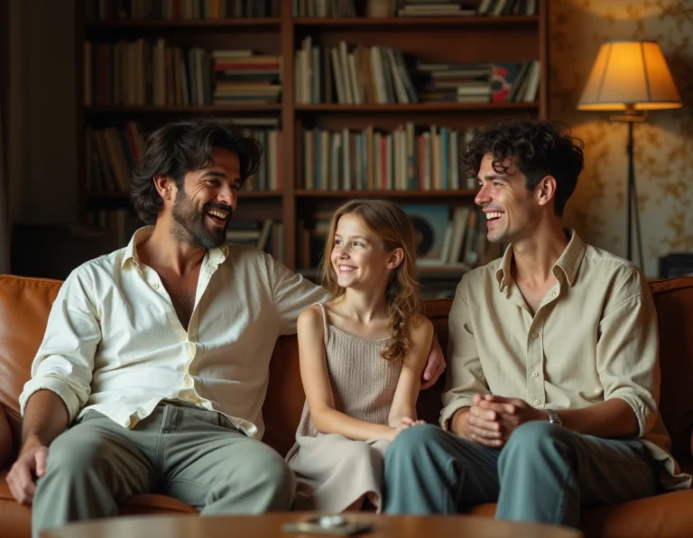 Natacha et Paul Gainsbourg assis avec leur père Serge dans un appartement parisien vintage, ambiance familiale chaleureuse