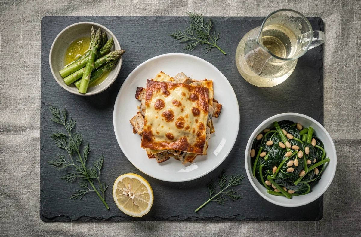 Plateau de lasagnes au poisson avec asperges vapeur, épinards à l'ail et vin blanc, présentation éditoriale vue du dessus
