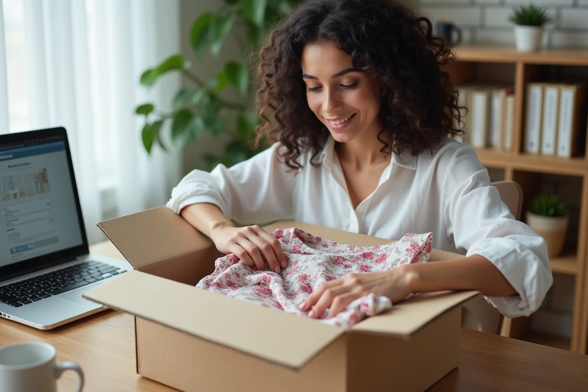 Jeune femme préparant un colis de retour Promod à domicile avec une étiquette de retour et une boîte d'expédition
