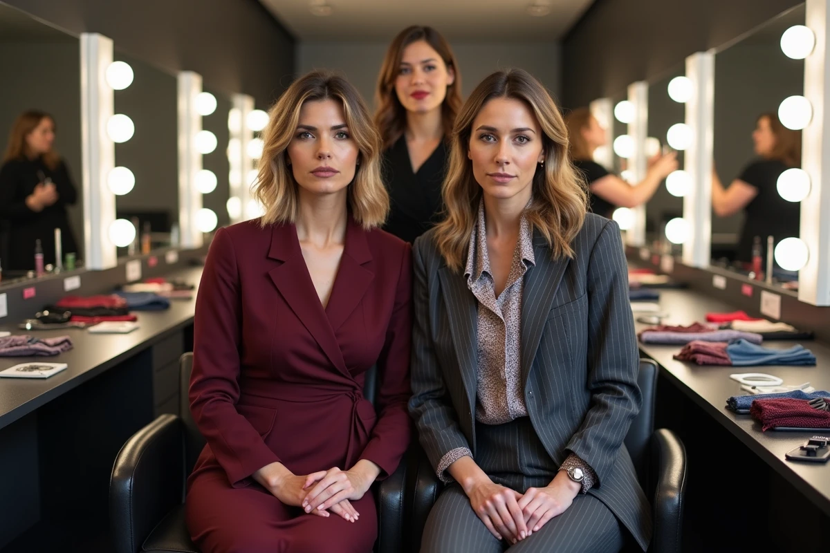 Deux présentatrices de télévision françaises en loge habillage avec styliste et maquilleuse, préparation antenne TV
