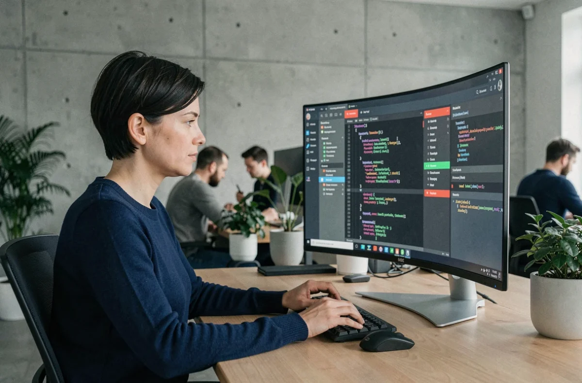 Professionnelle en cybersécurité analysant un tableau de bord de sécurité web sur un grand écran incurvé dans un bureau moderne