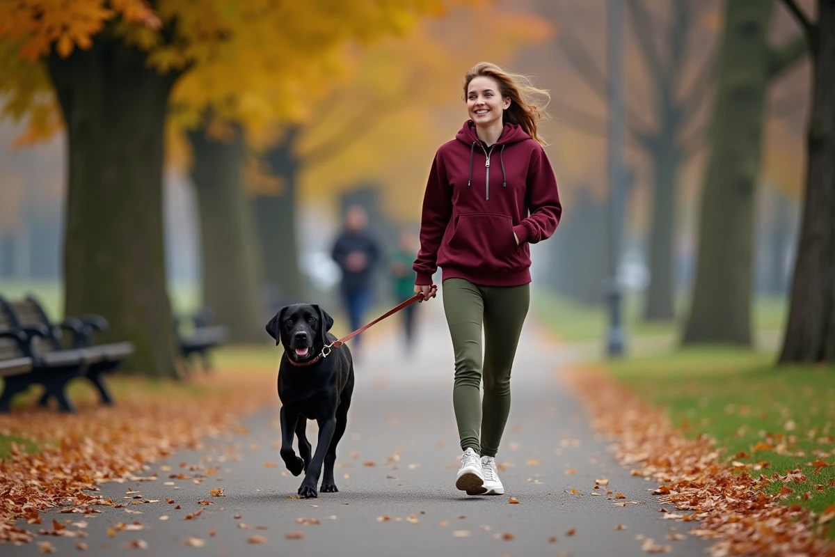 Jeune femme promenant son labrador noir en laisse dans un parc urbain en automne, promenade quotidienne du chien