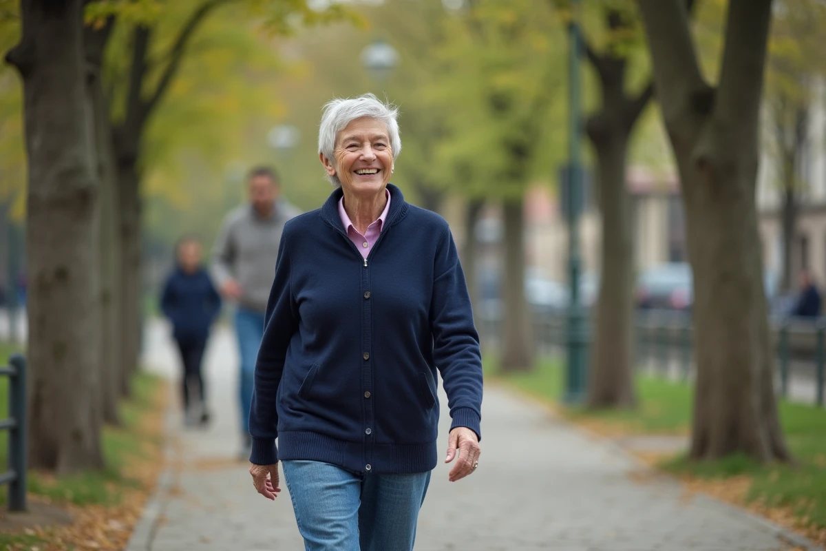 Senior femme se promenant le long des berges de la Saône à Lyon lors d'une activité organisée par Quintonic