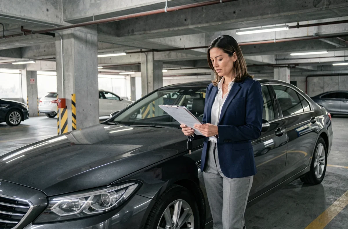 Employée recevant les clés d'une voiture de fonction dans un parking d'entreprise