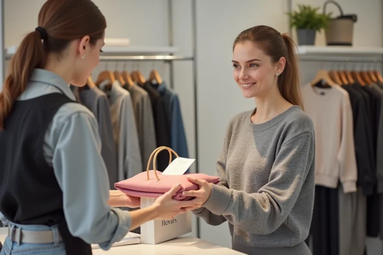 Femme effectuant un retour de vêtement en boutique Promod, remettant un article avec son reçu à une vendeuse au comptoir