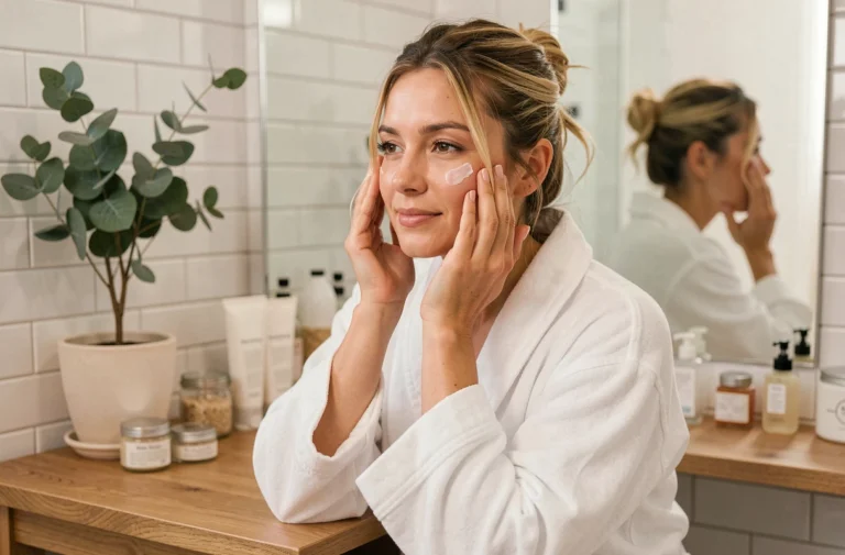 Femme appliquant une crème hydratante sur son visage devant un miroir dans une salle de bain style scandinave, routine beauté quotidienne