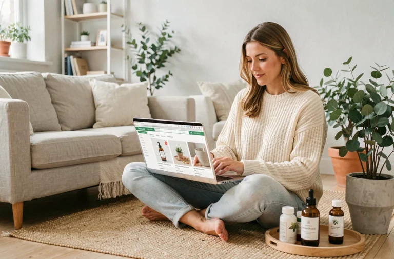 Femme en pull crème faisant du shopping en ligne de produits naturels sur un ordinateur portable dans un salon scandinave