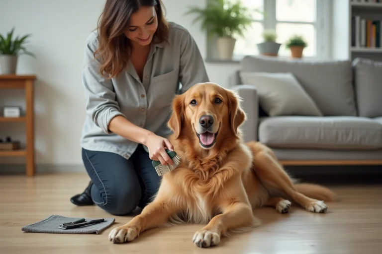 Femme qui brosse son chien golden retriever dans un salon moderne, soin du pelage à domicile
