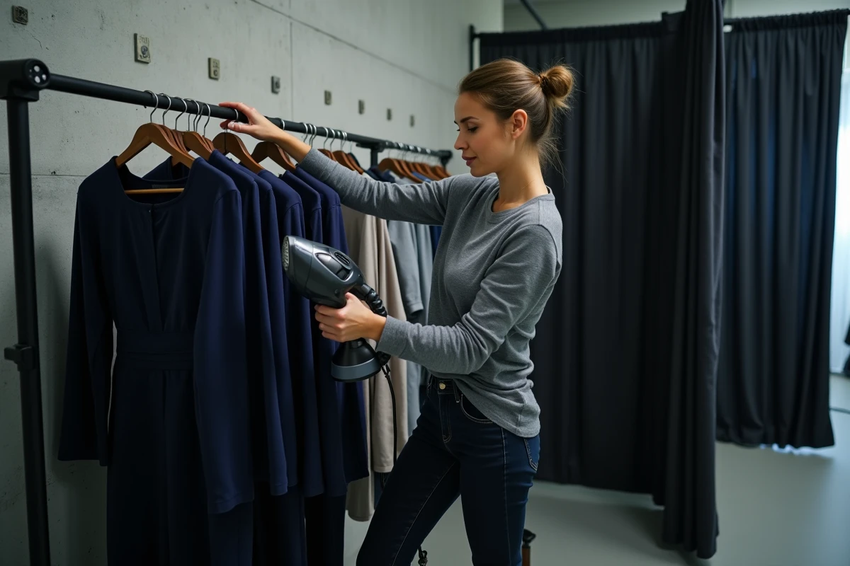 Styliste en coulisses préparant une tenue pour journaliste de télévision, coulisses habillage plateau TV