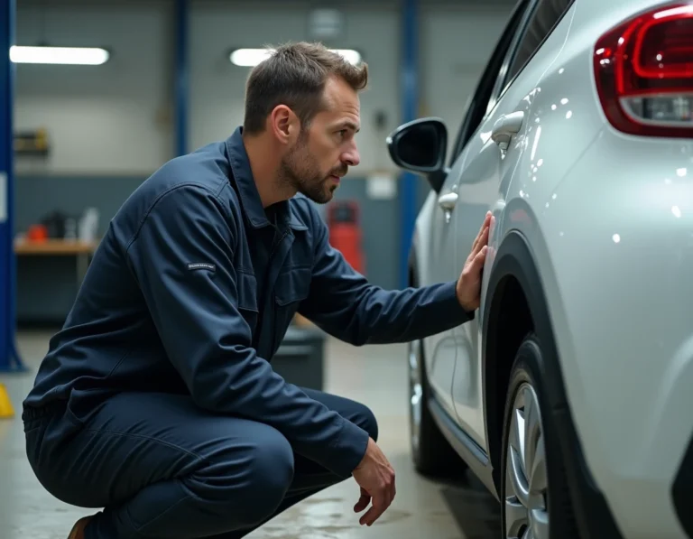 Technicien automobile inspectant le tableau de bord d'une Citroën C3 blanche dans un garage professionnel, voyant batterie allumé