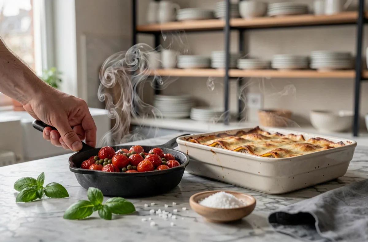 Tomates cerises rôties aux câpres comme accompagnement de lasagnes au poisson dans une cuisine parisienne moderne