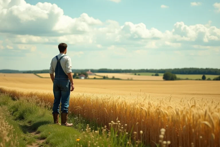 Vue aérienne d'un champ agricole de 50 hectares en France avec un agriculteur au premier plan pour illustrer l'échelle de cette superficie