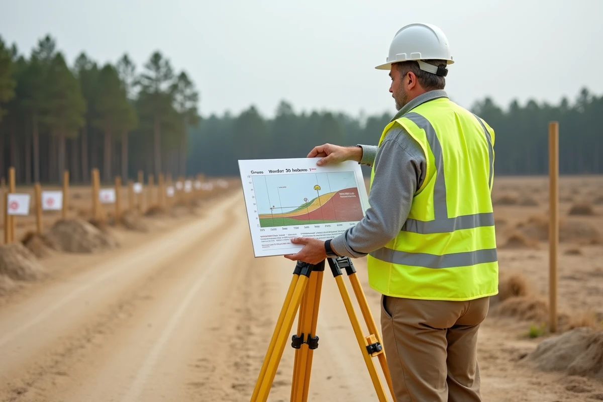 Géomètre expert avec un panneau comparatif devant un terrain de 50 hectares pour illustrer concrètement cette superficie