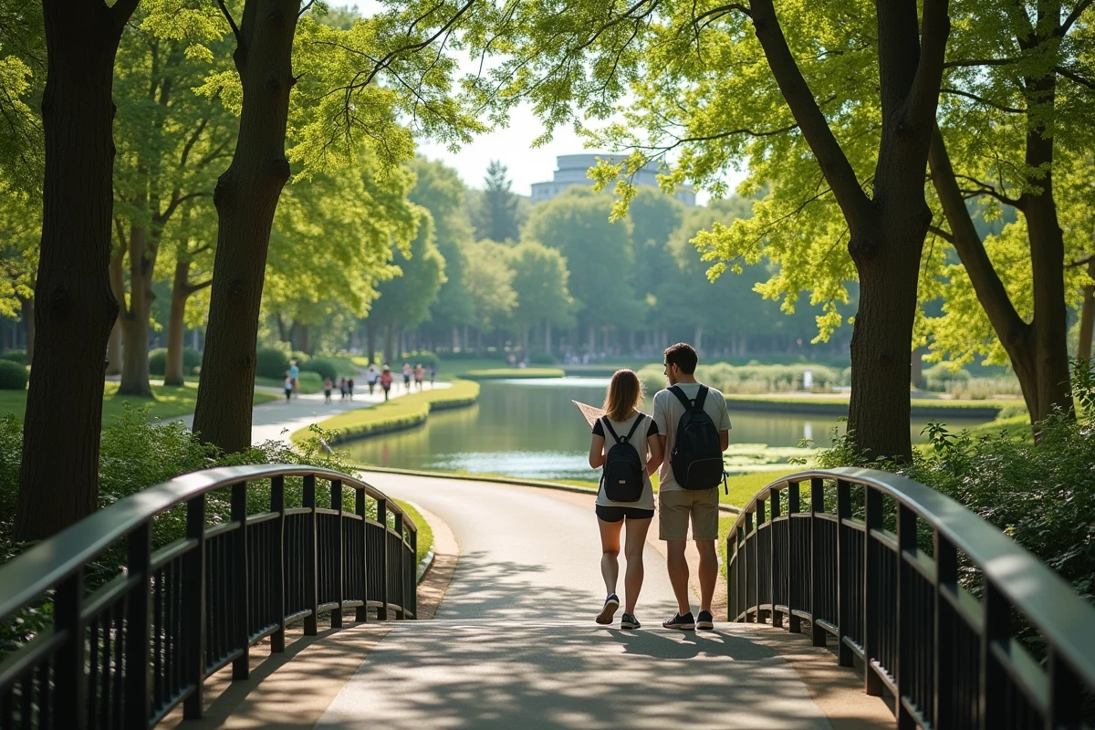 Couple consultant une carte dans un grand parc urbain de 50 hectares pour comprendre visuellement l'étendue de cette superficie