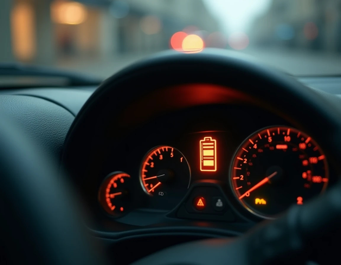 Gros plan sur le voyant batterie allumé sur le tableau de bord d'une Citroën C3 en conduite urbaine